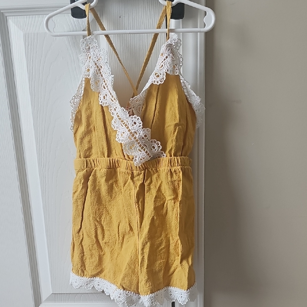 PatPat Mustard Yellow Lace-Trim Girls One-Piece Romper